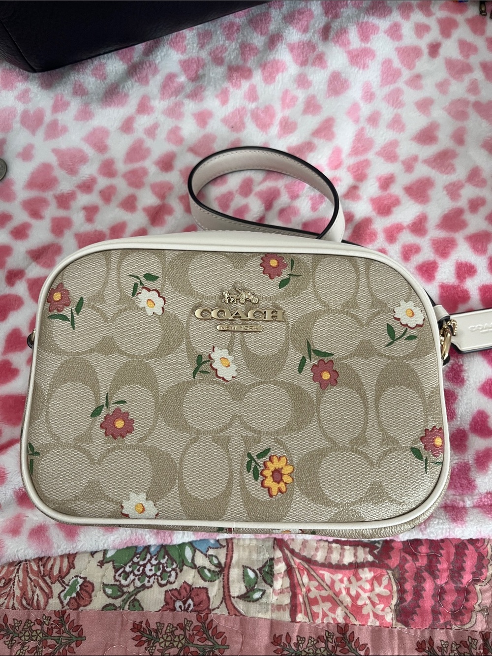 COACH Signature Floral Canvas Crossbody Bag in Beige and White